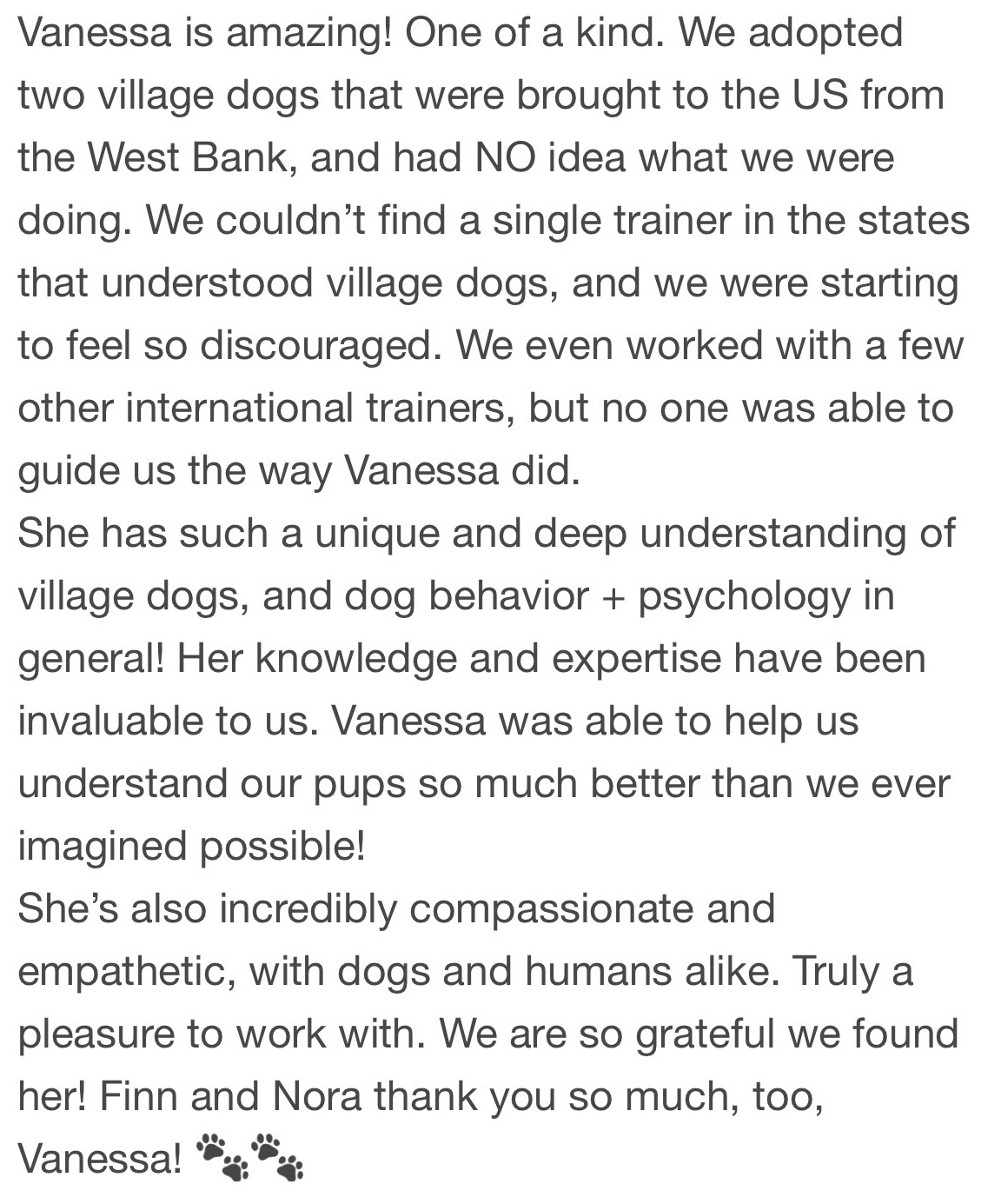 Google review from a client who adopted village dogs from the West Bank